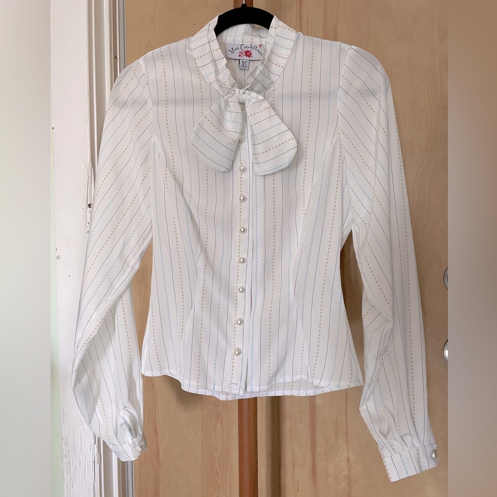 Miss Candyfloss 1950s-style pinstripe blouse with detachable bow size XS